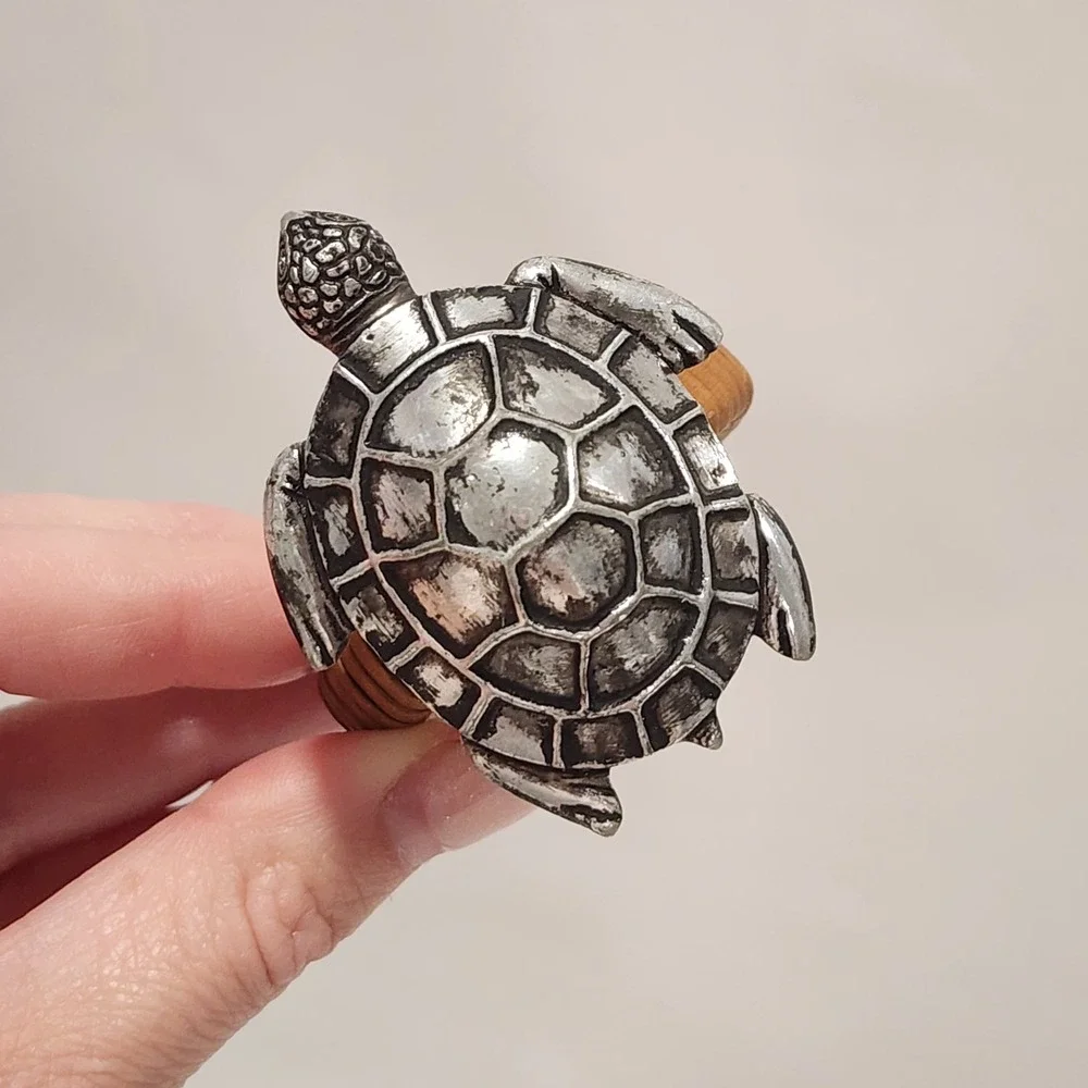 6 Coastal Napkin Rings Rattan Metal Sea Turtle Seahorse Sand Dollar Silver